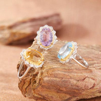 Natural Topaz Amethyst and Citrine Ring With Oval Cut